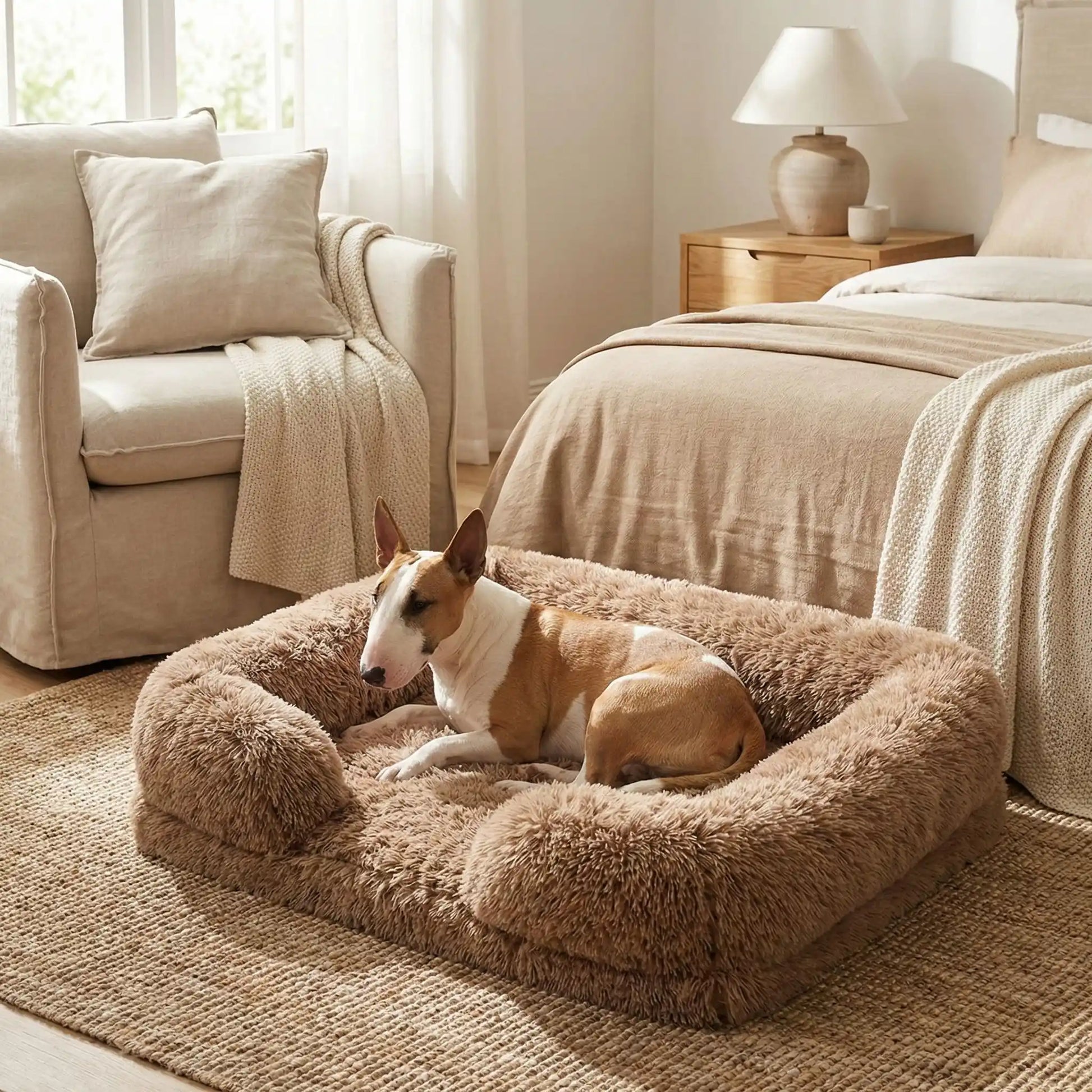 Panier-orthopédique-chien-déhoussable-coussin rectangulaire avec rebord surélevé en traversin qui sert d'oreiller ergonomique à 360° rembourrage 100% coton haute densité pour un effet anti stress et anti anxiété-housse en peluche ultra douce, hypoallergénique, imperméable, antidérapant et lavable en machine pour chiot et chien de taille petite à moyen jusqu'à 15 kg max-un chien de taille moyenne couché au chaud dans son panier avec rebord rembourré entourant et apaisant de couleur marron dans la chambre