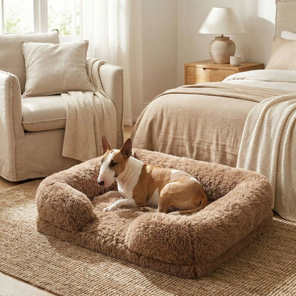 Panier-orthopédique-chien-déhoussable-coussin rectangulaire avec rebord surélevé en traversin qui sert d'oreiller ergonomique à 360° rembourrage 100% coton haute densité pour un effet anti stress et anti anxiété-housse en peluche ultra douce, hypoallergénique, imperméable, antidérapant et lavable en machine pour chiot et chien de taille petite à moyen jusqu'à 15 kg max-un chien de taille moyenne couché au chaud dans son panier avec rebord rembourré entourant et apaisant de couleur marron dans la chambre