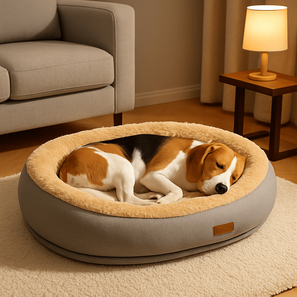 Panier-orthopédique-chien-antidérapant-déhoussable et lavable en machine-rebord surélevé 360°-rembourrage 100% coton haute densité hypoallergénique-un chien moyen qui dort niché au chaud dans son lit en peluche ovale gris dans le salon de l'appartement