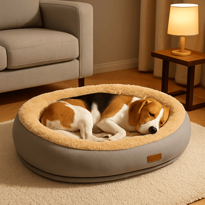 Panier-orthopédique-chien-antidérapant-déhoussable et lavable en machine-rebord surélevé 360°-rembourrage 100% coton haute densité hypoallergénique-un chien moyen qui dort niché au chaud dans son lit en peluche ovale gris dans le salon de l'appartement
