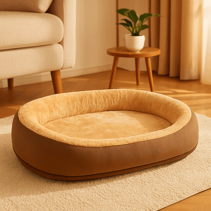 Panier-orthopédique-chien-antidérapant-déhoussable et lavable en machine-rebord surélevé 360°-rembourrage 100% coton haute densité hypoallergénique-de couleur marron-lit en peluche douce