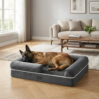 Panier-orthopédique-chien-avec-rebord-surelévé à 360° avec entrée abaissée pour une entrée et une sortie facile-résistant-déhoussable, imperméable et lavable en machine-housse en velours côtelé et traversins cyndriques sur les cotés 100% coton PP et matelas à mémoire de forme pour un soutien orthopédique optimal-convient pour les petits à moyen chien jusqu'à 25 kg max-un Berger belge qui dort paisiblement niché dans son panier anti stress enveloppant a, sa tête reposant sur le coin du rebord rembourré 