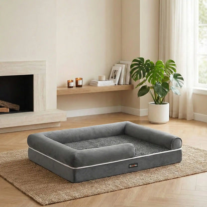 Panier-orthopédique-chien-avec-rebord-surelévé à 360° avec entrée abaissée pour une entrée et une sortie facile-résistant-déhoussable, imperméable et lavable en machine-housse en velours côtelé et traversins cyndriques sur les cotés 100% coton PP et matelas à mémoire de forme pour un soutien orthopédique optimal-convient pour les petits à moyen chien jusqu'à 25 kg max-gris clair