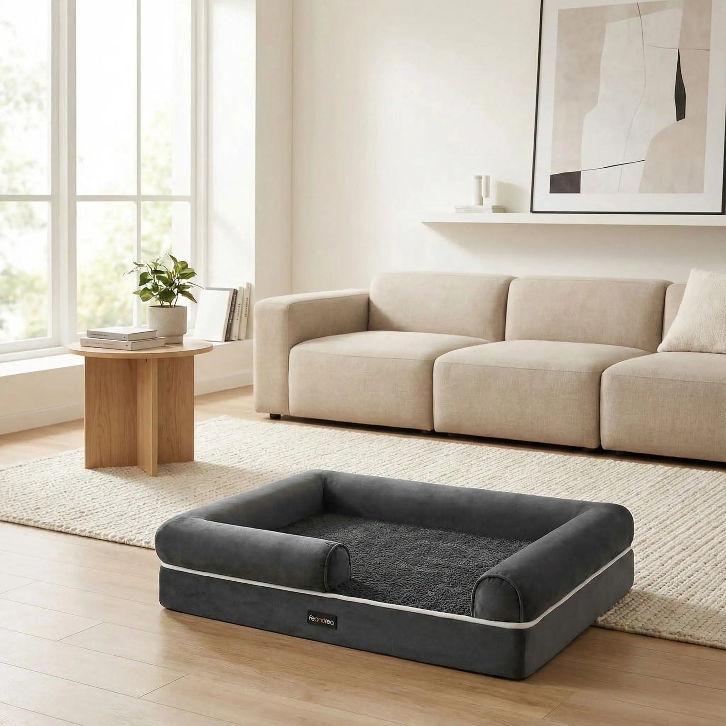 Panier-orthopédique-chien-avec-rebord-surelévé à 360° avec entrée abaissée pour une entrée et une sortie facile-résistant-déhoussable, imperméable et lavable en machine-housse en velours côtelé et traversins cyndriques sur les cotés 100% coton PP et matelas à mémoire de forme pour un soutien orthopédique optimal-convient pour les petits à moyen chien jusqu'à 25 kg max-de couleur gris foncé