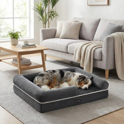 Panier-orthopédique-chien-avec-rebord-surelévé à 360° avec entrée abaissée pour une entrée et une sortie facile-résistant-déhoussable, imperméable et lavable en machine-housse en velours côtelé et traversins cyndriques sur les cotés 100% coton PP et matelas à mémoire de forme pour un soutien orthopédique optimal-convient pour les petits à moyen chien jusqu'à 25 kg max-un chien de taille moyenne qui dort  sa tête contre le rebord surélevé du panier dans le salon de l'appartement