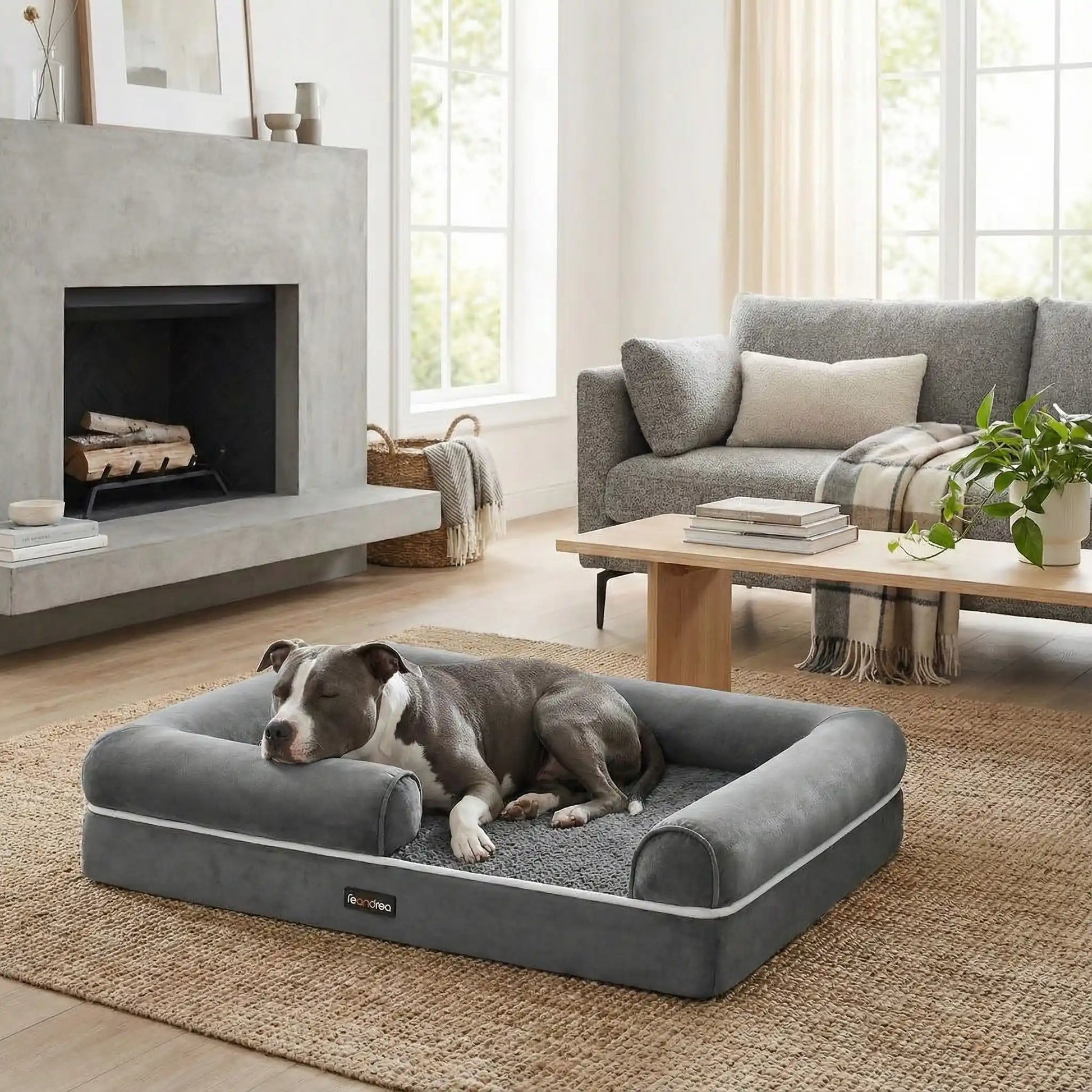 Panier-orthopédique-chien-avec-rebord-surelévé à 360° avec entrée abaissée pour une entrée et une sortie facile-résistant-déhoussable, imperméable et lavable en machine-housse en velours côtelé et traversins cyndriques sur les cotés 100% coton PP et matelas à mémoire de forme pour un soutien orthopédique optimal-convient pour les petits à moyen chien jusqu'à 25 kg max-un chien de taille moyenne qui dort  sa tête posée sur le rebord surélevé du panier dans le salon de la maison