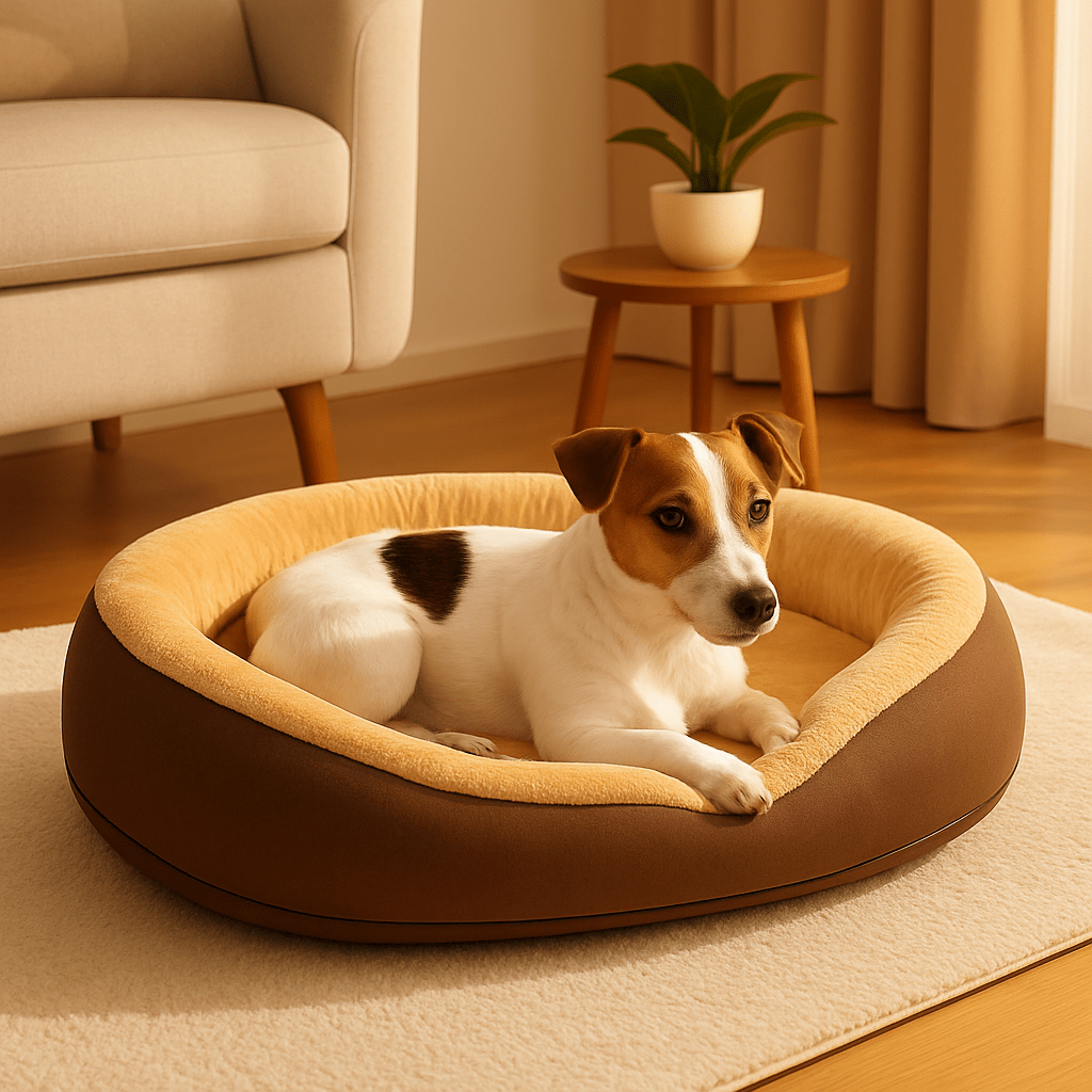 Panier-orthopédique-chien-antidérapant-déhoussable et lavable en machine-rebord surélevé 360°-rembourrage 100% coton haute densité hypoallergénique-un petit chien couché confortablement au chaud dans son lit taille M en peluche ovale marron dans le salon de l'appartement