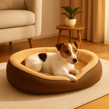 Panier-orthopédique-chien-antidérapant-déhoussable et lavable en machine-rebord surélevé 360°-rembourrage 100% coton haute densité hypoallergénique-un petit chien couché confortablement au chaud dans son lit taille M en peluche ovale marron dans le salon de l'appartement