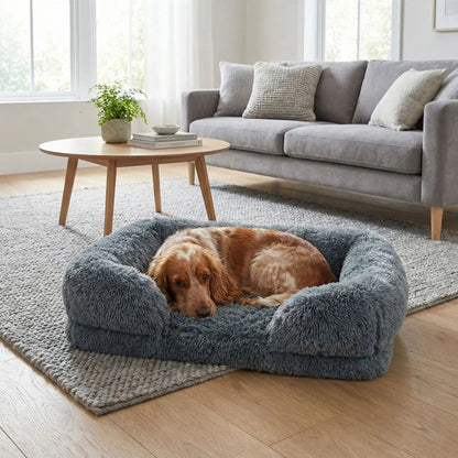 Panier-orthopédique-chien-déhoussable-coussin rectangulaire avec rebord surélevé en traversin qui sert d'oreiller ergonomique à 360° rembourrage 100% coton haute densité pour un effet anti stress et anti anxiété-housse en peluche ultra douce, hypoallergénique, imperméable, antidérapant et lavable en machine pour chiot et chien de taille petite à moyen jusqu'à 15 kg max-un chien moyen qui dort couché au chaud dans son panier avec rebord rembourré entourant et apaisant de couleur gris dans le salon