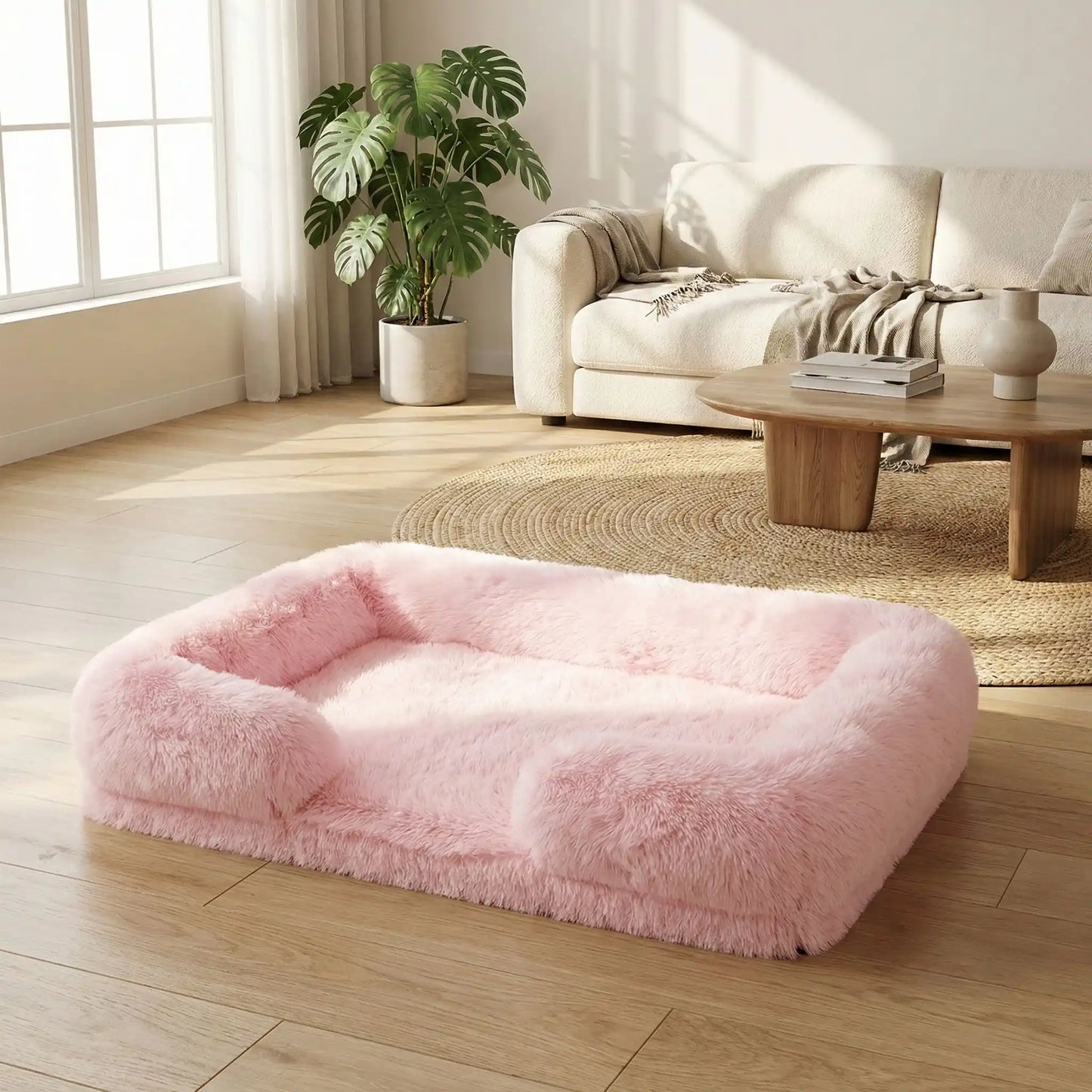 Panier-orthopédique-chien-déhoussable-coussin rectangulaire avec rebord surélevé en traversin qui sert d'oreiller ergonomique à 360° rembourrage 100% coton haute densité pour un effet anti stress et anti anxiété-housse en peluche ultra douce, hypoallergénique, imperméable, antidérapant et lavable en machine pour chiot et chien de taille petite à moyen jusqu'à 15 kg max-rose pastel