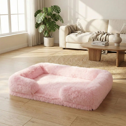 Panier-orthopédique-chien-déhoussable-coussin rectangulaire avec rebord surélevé en traversin qui sert d'oreiller ergonomique à 360° rembourrage 100% coton haute densité pour un effet anti stress et anti anxiété-housse en peluche ultra douce, hypoallergénique, imperméable, antidérapant et lavable en machine pour chiot et chien de taille petite à moyen jusqu'à 15 kg max-rose pastel