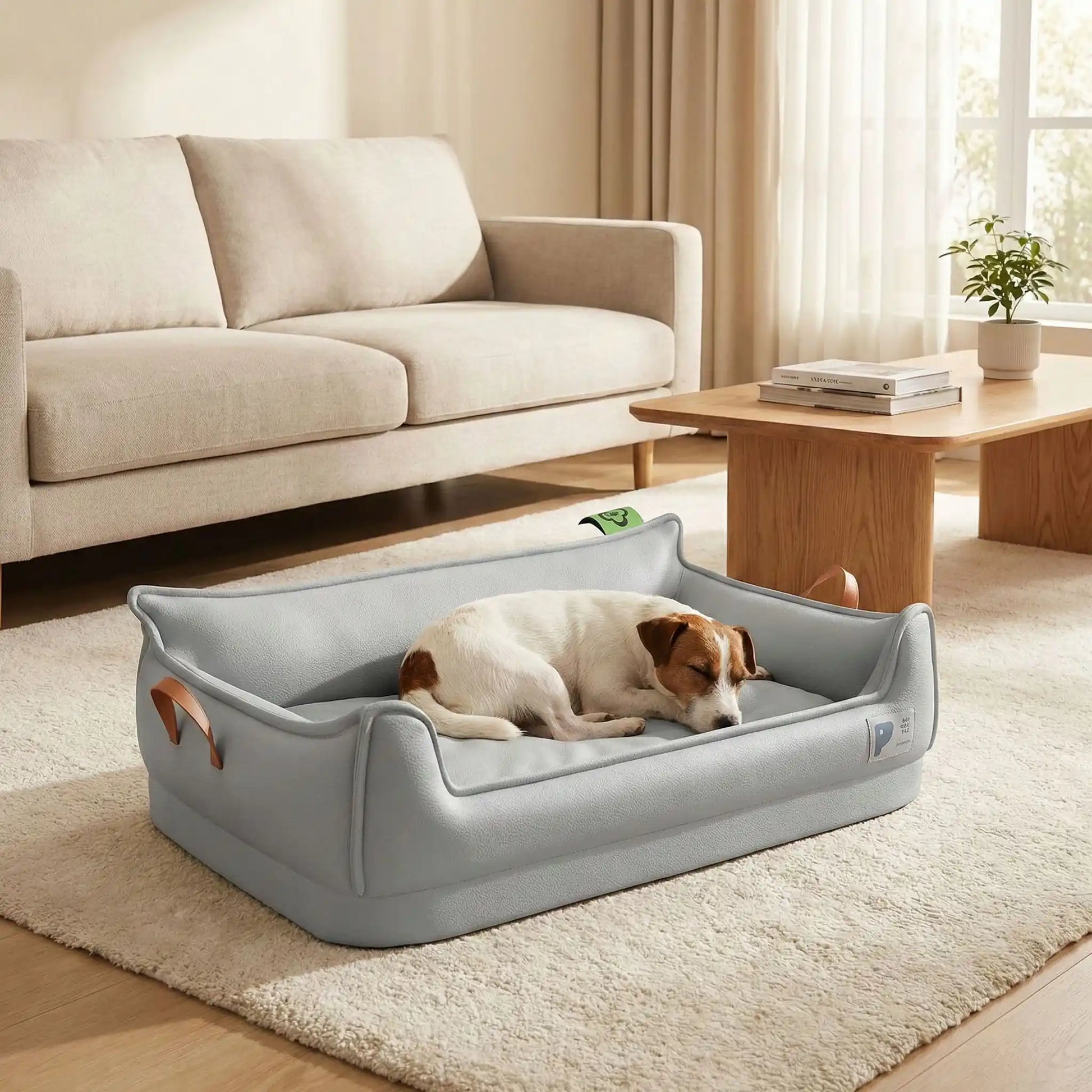 Panier-orthopedique-chien-simili-cuir-imperméable, déhoussable, antidérapant et lavable avec deux poignée de transport, ne retient pas les poils, avec dossier et rebord surélevé, résistant aux griffes en cuir végan et matelas haute résilience à mémoire de forme en coton PP, design moderne et soigné avec coutures solides pour chiot et chien de petite à moyenne taille-un Jack Russell qui dort paisiblement dans son  panier design et moderne de couleur gris dans le salon de l'appartement