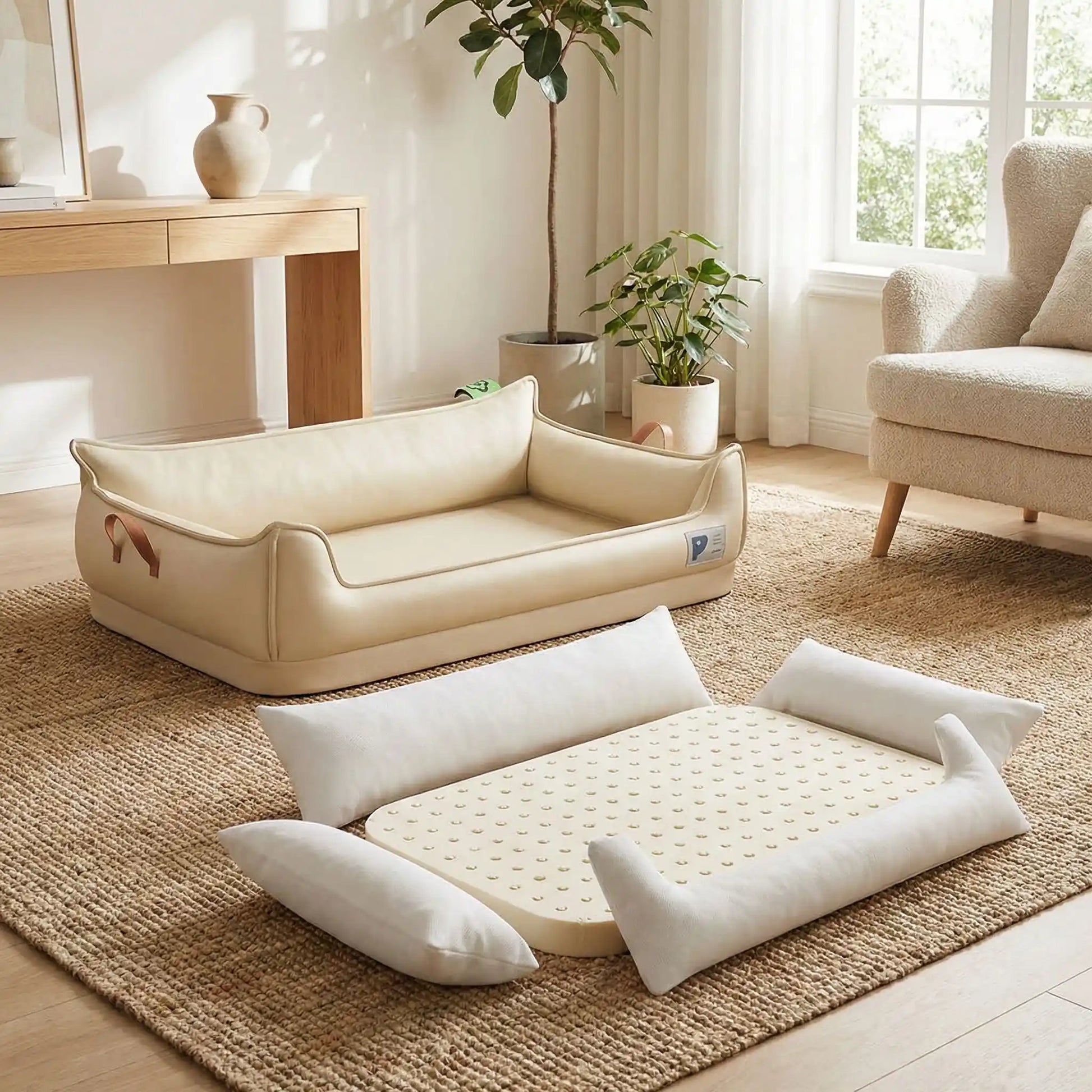 Panier-orthopedique-chien-simili-cuir-imperméable, déhoussable, antidérapant et lavable avec deux poignée de transport, ne retient pas les poils, avec dossier et rebord surélevé, résistant aux griffes en cuir végan et matelas haute résilience à mémoire de forme en coton PP, design moderne et soigné avec coutures solides pour chiot et chien de petite à moyenne taille-photo du panier anti stress déhoussé