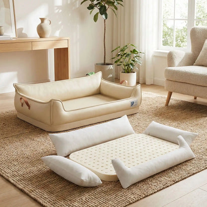 Panier-orthopedique-chien-simili-cuir-imperméable, déhoussable, antidérapant et lavable avec deux poignée de transport, ne retient pas les poils, avec dossier et rebord surélevé, résistant aux griffes en cuir végan et matelas haute résilience à mémoire de forme en coton PP, design moderne et soigné avec coutures solides pour chiot et chien de petite à moyenne taille-photo du panier anti stress déhoussé