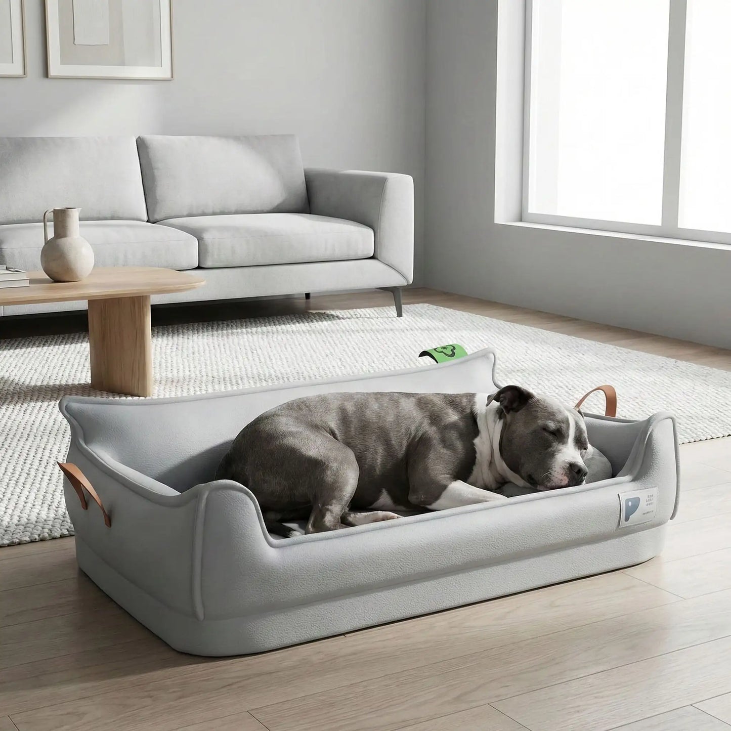 Panier-orthopedique-chien-simili-cuir-imperméable, déhoussable, antidérapant et lavable avec deux poignée de transport, ne retient pas les poils, avec dossier et rebord surélevé, résistant aux griffes en cuir végan et matelas haute résilience à mémoire de forme en coton PP, design moderne et soigné avec coutures solides pour chiot et chien de petite à moyenne taille-un Staffie qui dort paisiblement dans son panier design et moderne de couleur gris dans le salon de la maison