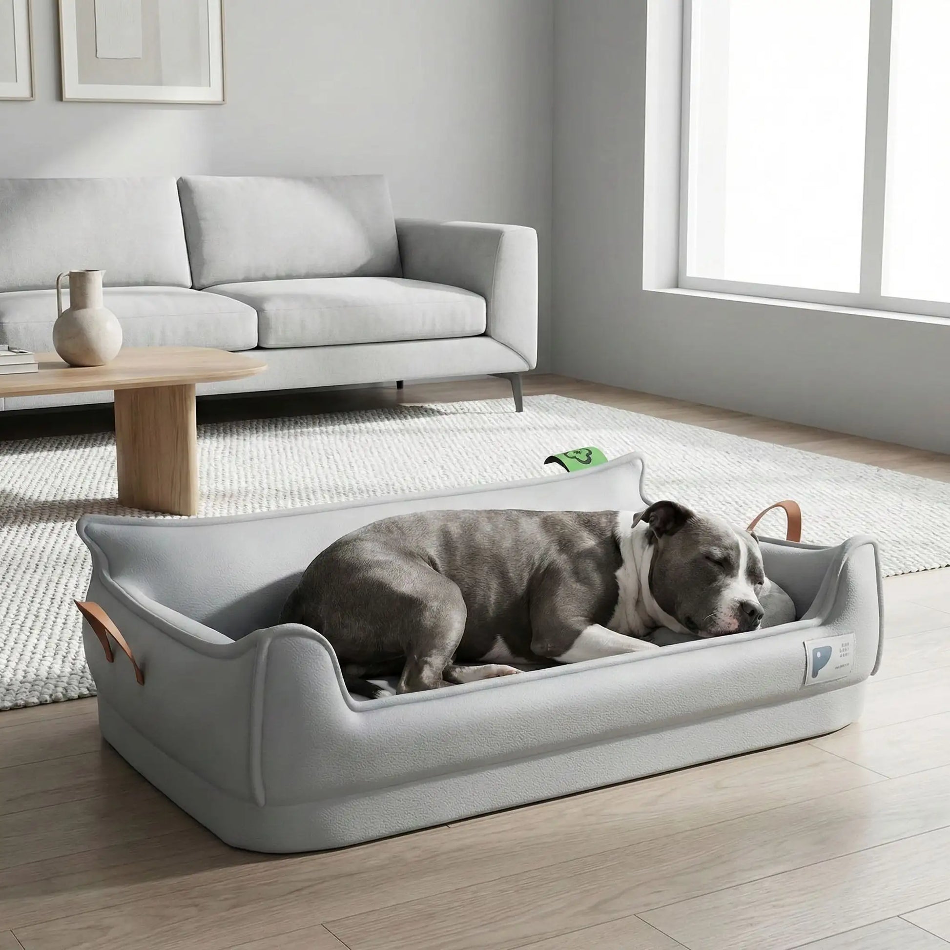 Panier-orthopedique-chien-simili-cuir-imperméable, déhoussable, antidérapant et lavable avec deux poignée de transport, ne retient pas les poils, avec dossier et rebord surélevé, résistant aux griffes en cuir végan et matelas haute résilience à mémoire de forme en coton PP, design moderne et soigné avec coutures solides pour chiot et chien de petite à moyenne taille-un Staffie qui dort paisiblement dans son panier design et moderne de couleur gris dans le salon de la maison