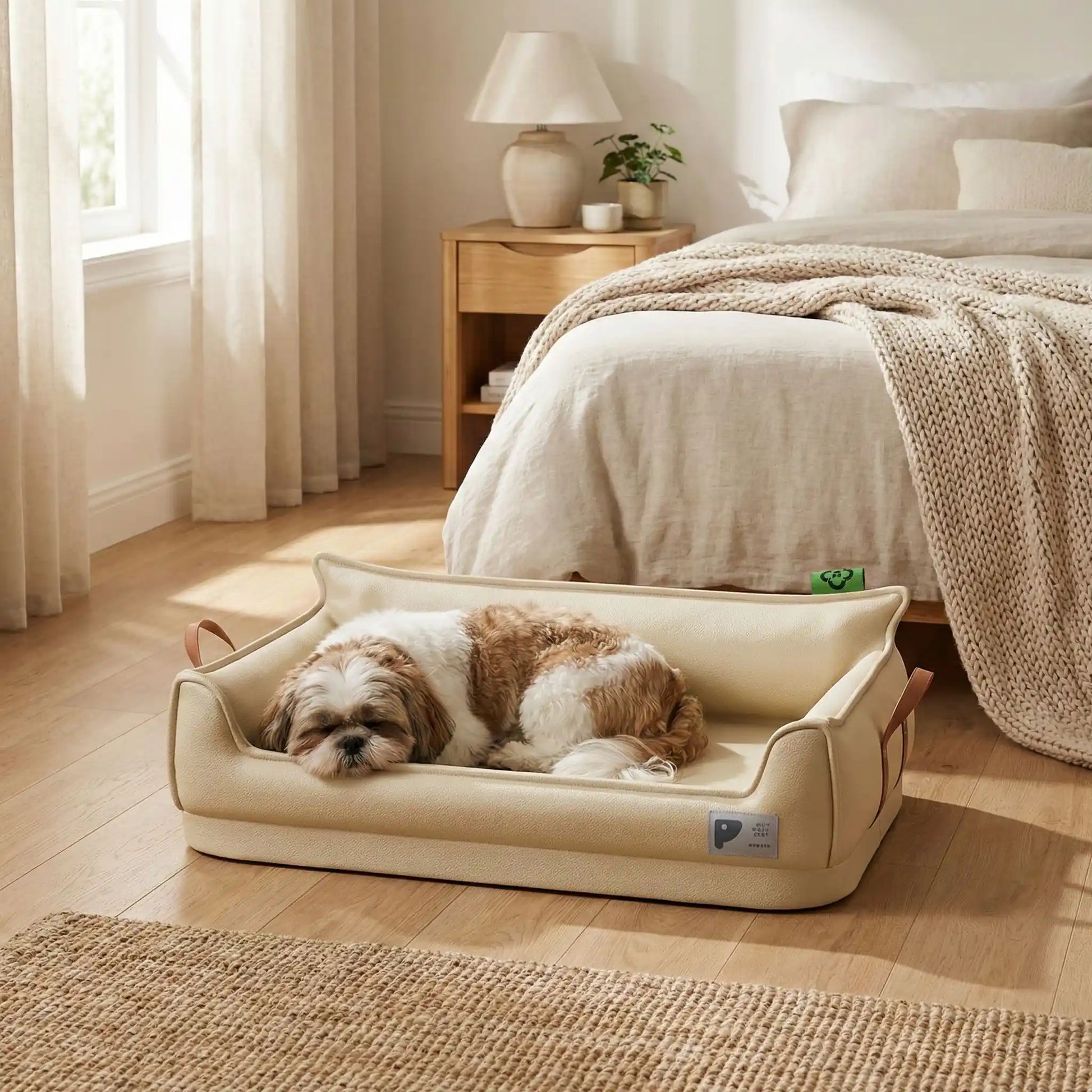 Panier-orthopedique-chien-simili-cuir-imperméable, déhoussable, antidérapant et lavable avec deux poignée de transport, ne retient pas les poils, avec dossier et rebord surélevé, résistant aux griffes en cuir végan et matelas haute résilience à mémoire de forme en coton PP, design moderne et soigné avec coutures solides pour chiot et chien de petite à moyenne taille-un Shih Tzu qui dort paisiblement dans son  panier design et moderne de couleur beige dans la chambre de la maison