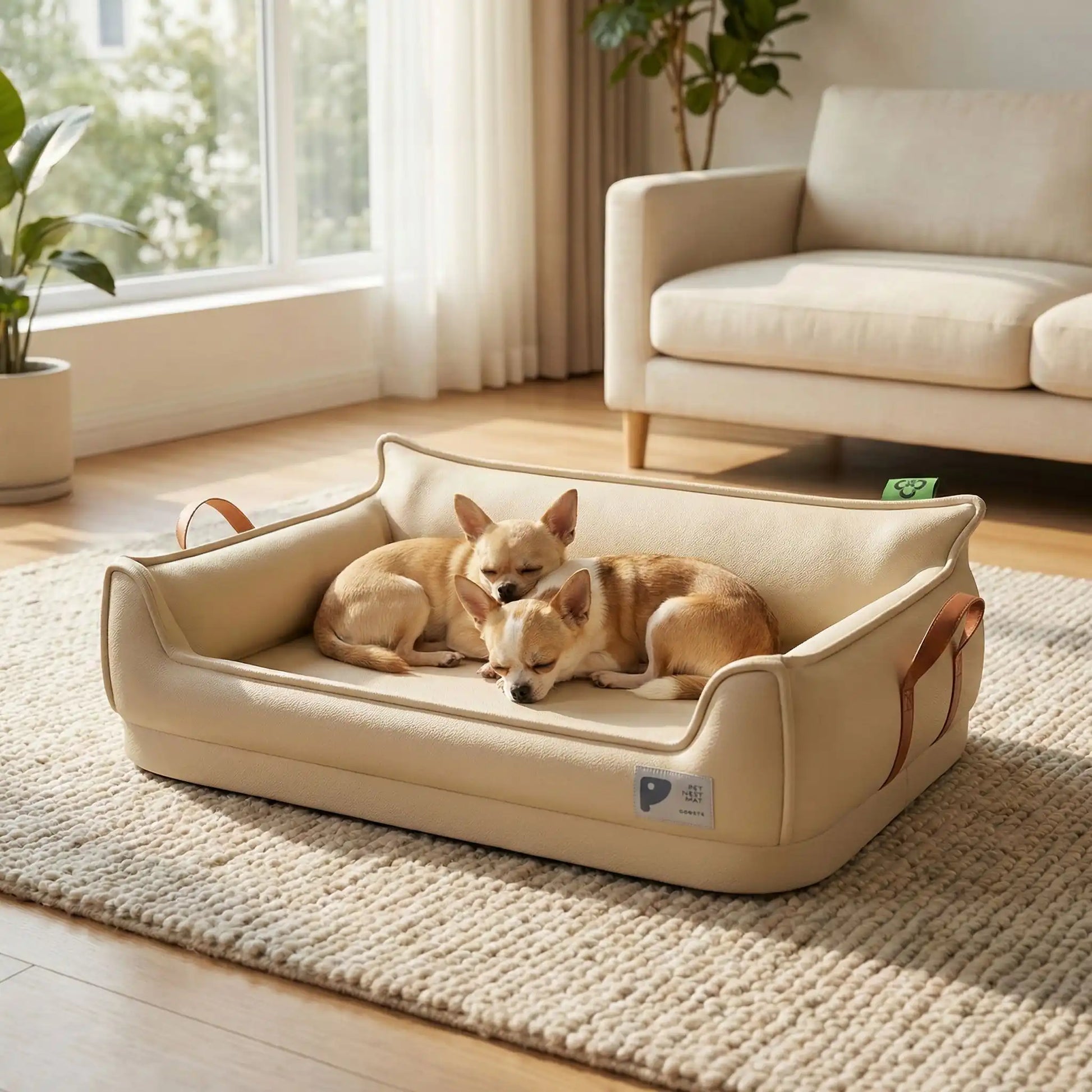 Panier-orthopedique-chien-simili-cuir-imperméable, déhoussable, antidérapant et lavable avec deux poignée de transport, ne retient pas les poils, avec dossier et rebord surélevé, résistant aux griffes en cuir végan et matelas haute résilience à mémoire de forme en coton PP, design moderne et soigné avec coutures solides pour chiot et chien de petite à moyenne taille-deux chihuahuas couché confortablement dans leur panier design et moderne de couleur beige dans le salon de la maison