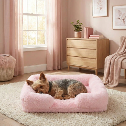 Panier-orthopédique-chien-déhoussable-coussin rectangulaire avec rebord surélevé en traversin qui sert d'oreiller ergonomique à 360° rembourrage 100% coton haute densité pour un effet anti stress et anti anxiété-housse en peluche ultra douce, hypoallergénique, imperméable, antidérapant et lavable en machine pour chiot et chien de taille petite à moyen jusqu'à 15 kg max-un petit chien qui dort couché au chaud dans son panier avec rebord rembourré entourant et apaisant de couleur rose dans la chambre