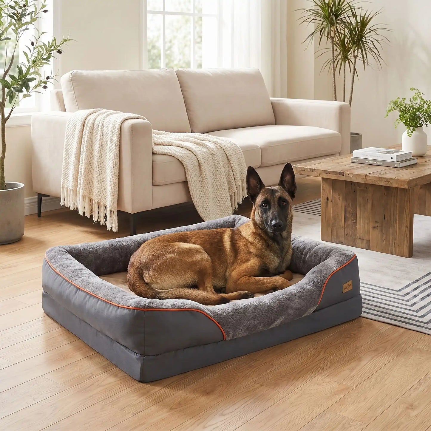 Panier-orthopédique-chien-chiot grande taille xxl, déhoussable et lavable, imperméable et antidérapant avec haut rebord rembourré avec matelas à mémoire de forme, housse en peluche douce et tissu réistant et imperméable, en 3 tailles L, XL et XXL pour chiot et chien de 0 à 70 kilos maximum-un chien de grande race qui dort paisiblement dans le panier xxl épais, entourant à 360° sécurisant de couleur gris foncé dans le salon de l'appartement 