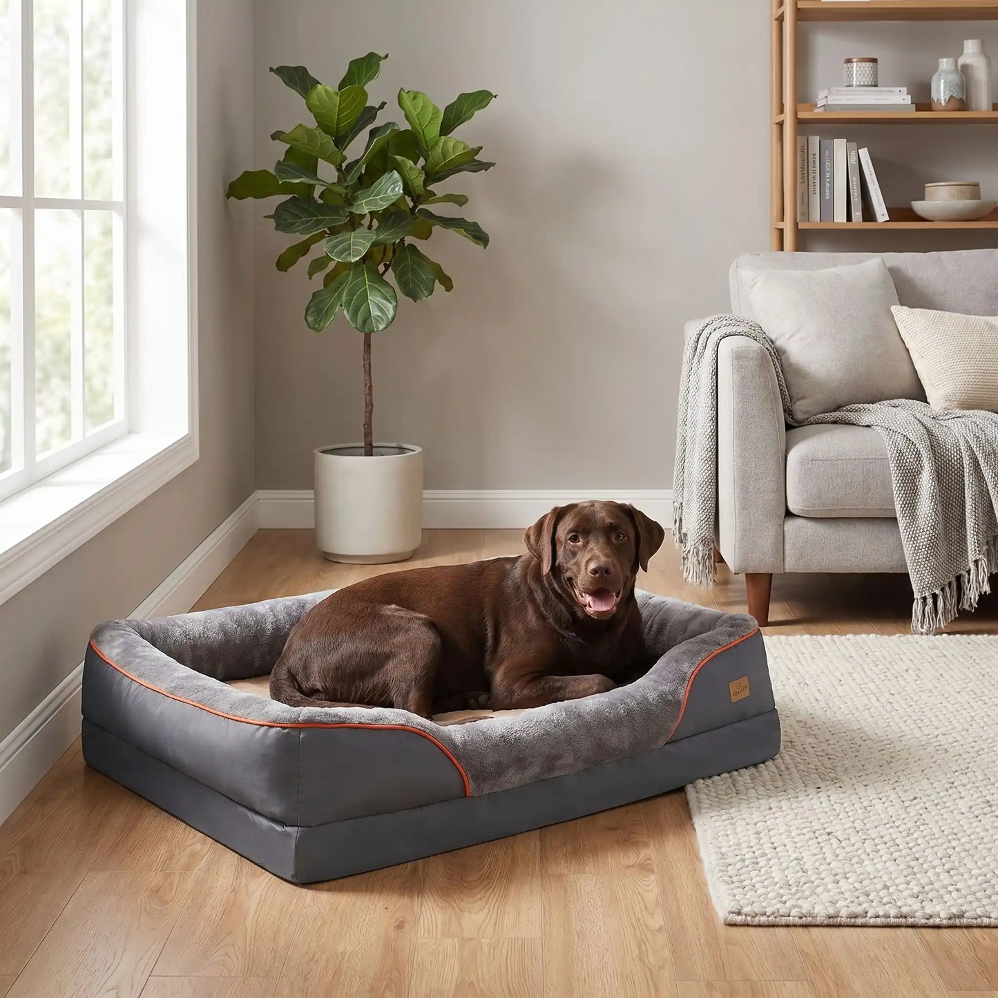 Panier-orthopédique-chien-chiot grande taille xxl, déhoussable et lavable, imperméable et antidérapant avec haut rebord rembourré avec matelas à mémoire de forme, housse en peluche douce et tissu réistant et imperméable, en 3 tailles L, XL et XXL pour chiot et chien de 0 à 70 kilos maximum-un Labrador couché confortablement en boule dans le panier épais, entourant à 360° sécurisant de couleur gris foncé dans le salon de la maison