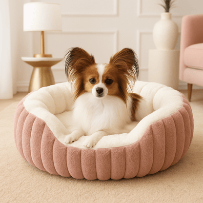 Panier-petit-chien-apaisant-antidérapant-lavable en machine-épais au rembourrage 100% coton haute densité-tissu extérieur en velours résistant aux griffes-ergonomique avec rebords surélevés-anti-anxiété et anti- stress-entourant-sécurisant pour chien de petite taille et chiot-un chien de petite taille couché confortablement dans son panier douillet ovale rose dans le salon de l'appartement