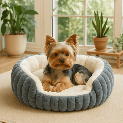 Panier-petit-chien-apaisant-antidérapant-lavable en machine-épais au rembourrage 100% coton haute densité-tissu extérieur en velours résistant aux griffes-ergonomique avec rebords surélevés-anti-anxiété et anti- stress-entourant-sécurisant pour chien de petite taille et chiot-un chien de petite taille couché confortablement en boule dans son panier douillet ovale gris dans la véranda de la maison