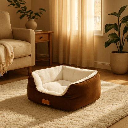 Panier-petit-chien-avec coussin face hiver et face été lavable en machine-rembourrage 100% coton haute densité-anti-affaissement-épais et ergonomique-antidérapant-imperméable-lavable en machine-douillet chaud et respirant-couleur marron