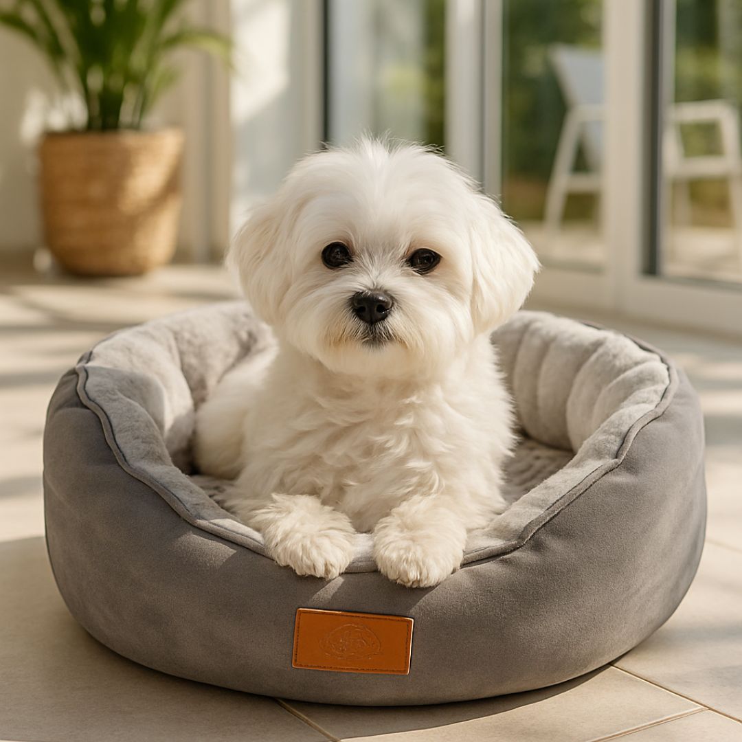 Panier-petit-chien-avec coussin face hiver et face été lavable en machine-rembourrage 100% coton haute densité-anti-affaissement-épais et ergonomique-antidérapant-imperméable-lavable en machine-douillet chaud et respirant-un petit chien couché confortablement dans son panier anti-stress-apaisant de couleur bleu dans la véranda de la maison