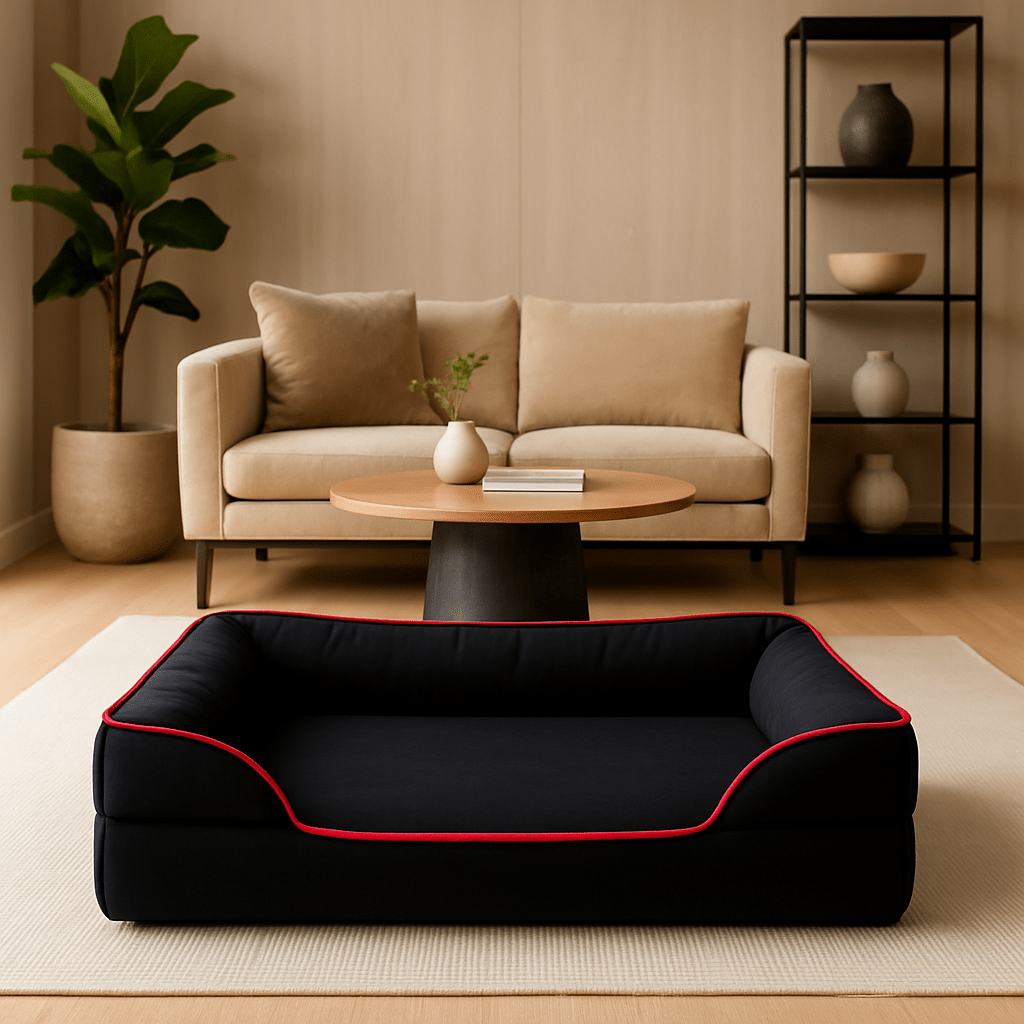 Panier-petit-chien-chiot-orthopédique-déhoussable-lavable en machine-résistant aux griffes-en velours avec matelas à mémoire de forme et traversin ergonomique intégré en coton PP et avant abaissé pour une entrée facile-pour petit chien et chiot de 0 à 10 kg max-de couleur noir-housse ultra-douce-panier design