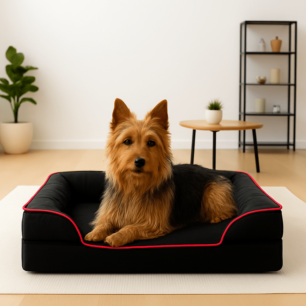 Panier-petit-chien-chiot-orthopédique-déhoussable-lavable en machine-résistant aux griffes-en velours avec matelas à mémoire de forme et traversin ergonomique intégré en coton PP et avant abaissé pour une entrée facile-pour petit chien et chiot de 0 à 10 kg max-de couleur noir-housse ultra-douce-un  Terrier Australien couché confortablement dans son panier design dans le salon de la maison
