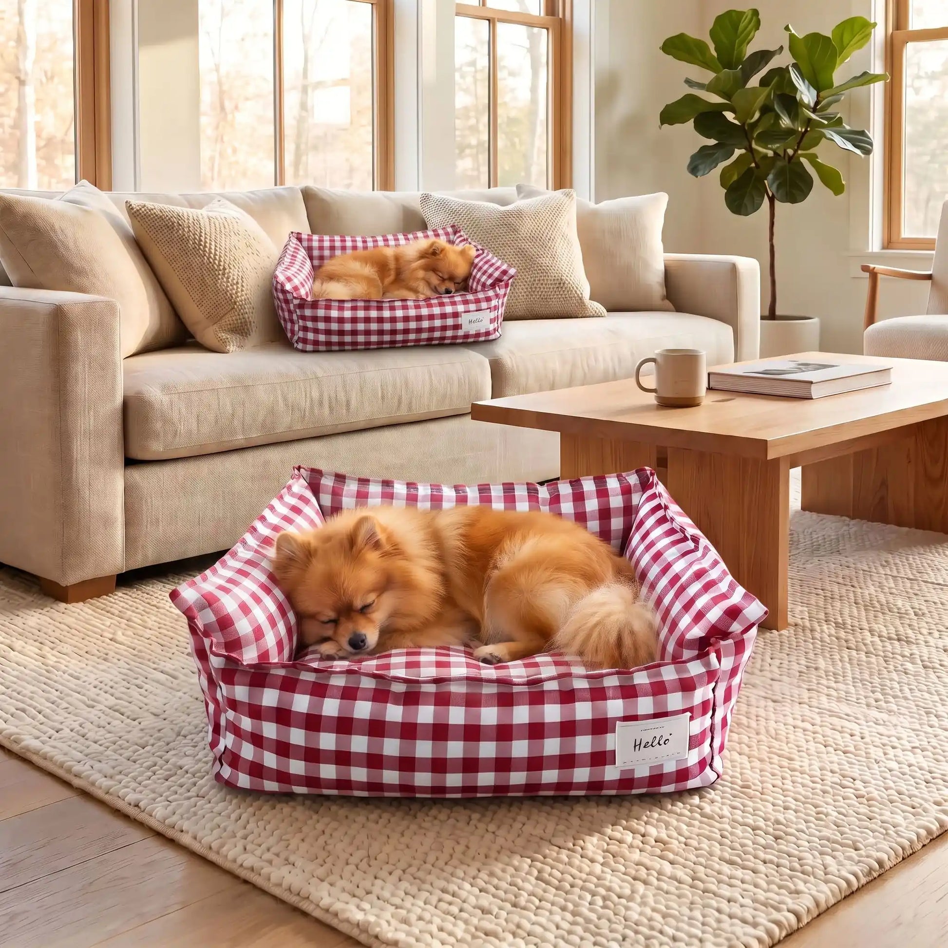 Panier-petit-chien-et-chiot-carreaux-vichy, 100% déhoussable,housse coton respirante 100% coton à carreaux vichy, coussin intérieur et 3 boudin au rembourrage 100% coton pour un panier confortable et ergonomique, anti-anxiété pour chiot chien de petite race et petite taille, disponible en 2 tailles XS et S-un loulou de poméranie qui dort paisiblement dans son panier coussin rembourré avec rebords surélevés au rembourrage 100% coton haute densité avec motif carreaux vichy rouge et blanc dans le salon