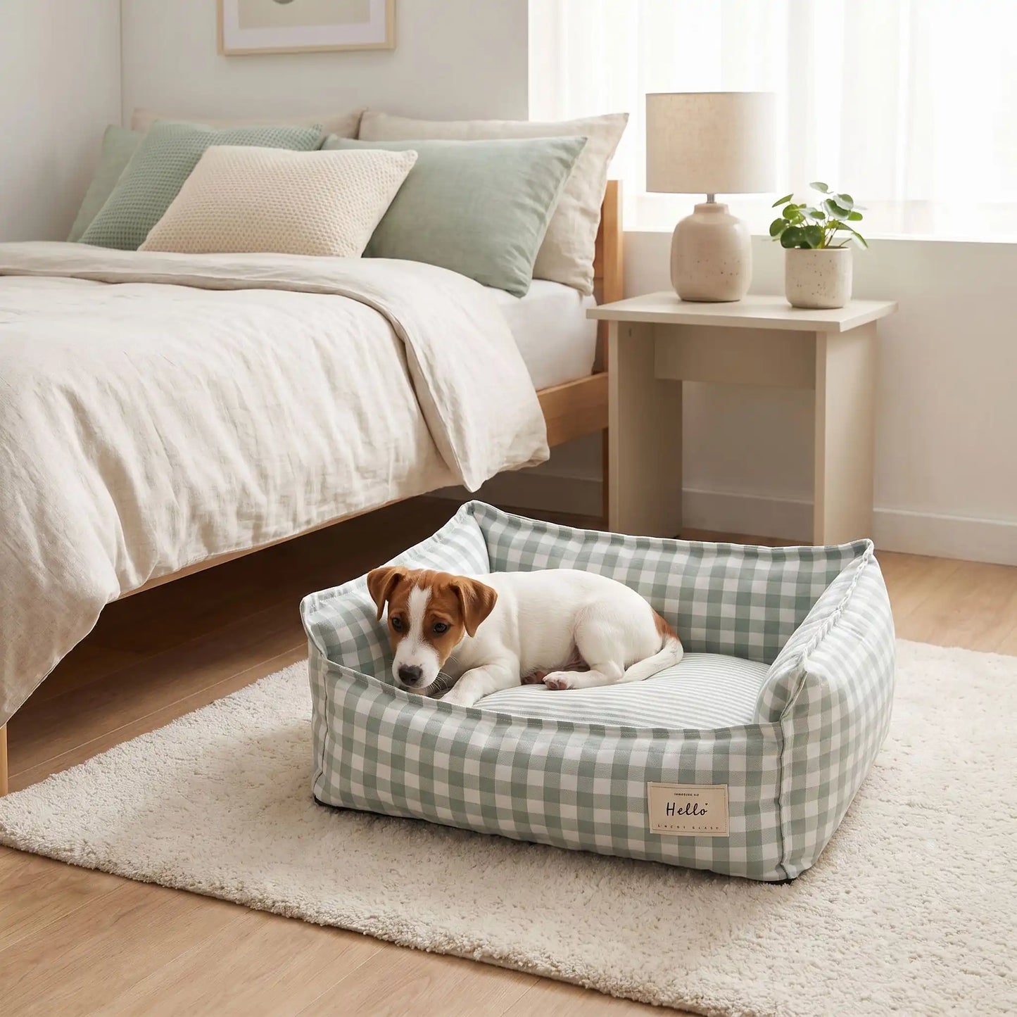 Panier-petit-chien-et-chiot-carreaux-vichy, 100% déhoussable,housse coton respirante 100% coton à carreaux vichy, coussin intérieur et 3 boudin au rembourrage 100% coton pour un panier confortable et ergonomique, anti-anxiété pour chiot chien de petite race et petite taille, disponible en 2 tailles XS et S-un chiot jack russell niché confortablement dans son panier coussin rembourré avec rebords surélevés avec motif carreaux vichy rouge et blanc au pied du lit de ses maitres sur le sol de la chambre 