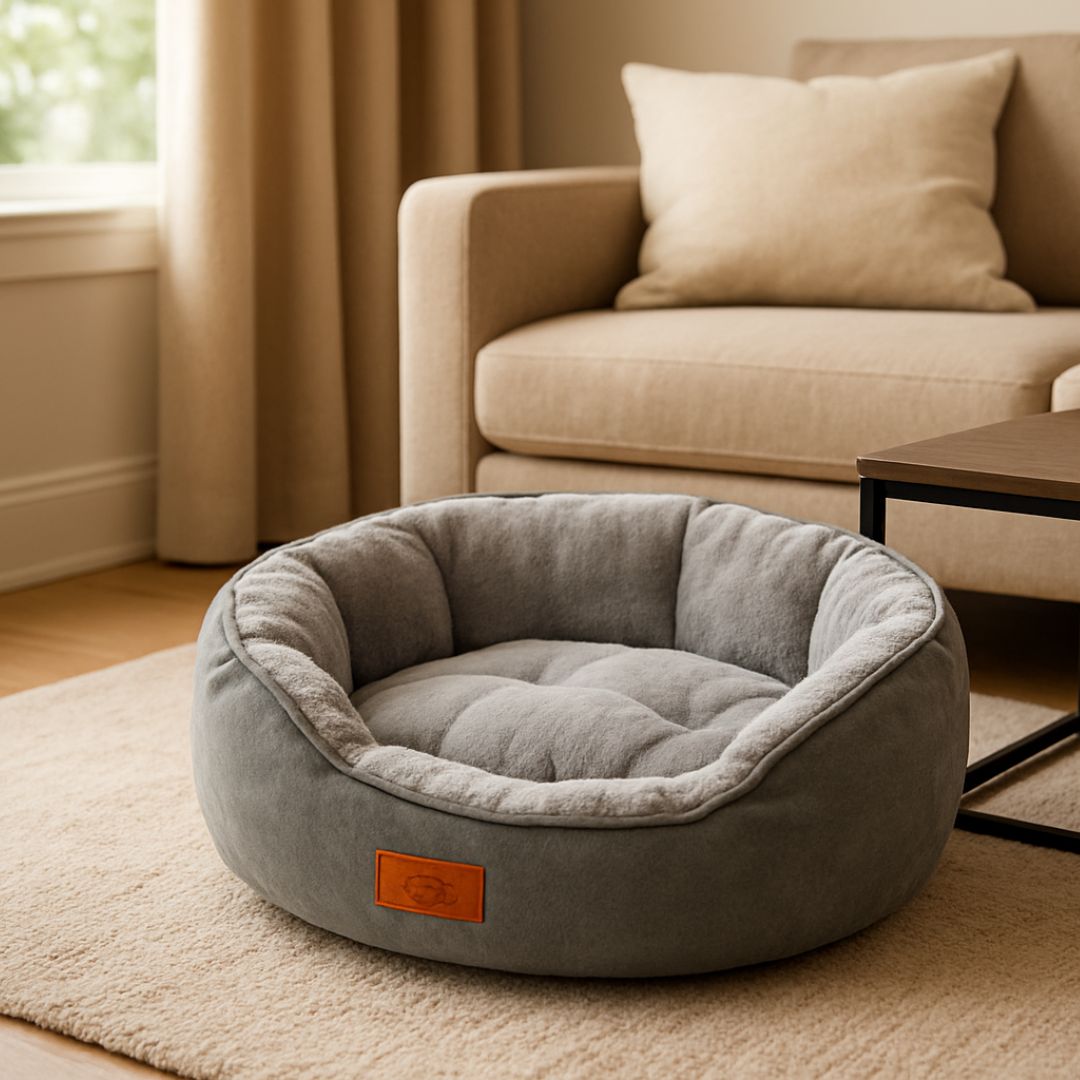 Panier-petit-chien-avec coussin face hiver et face été lavable en machine-rembourrage 100% coton haute densité-anti-affaissement-épais et ergonomique-antidérapant-imperméable-lavable en machine-douillet chaud et respirant-un Loulou de poméranie couché confortablement dans son panier anti-stress-apaisant de couleur bleu dans le salon de l'appartement