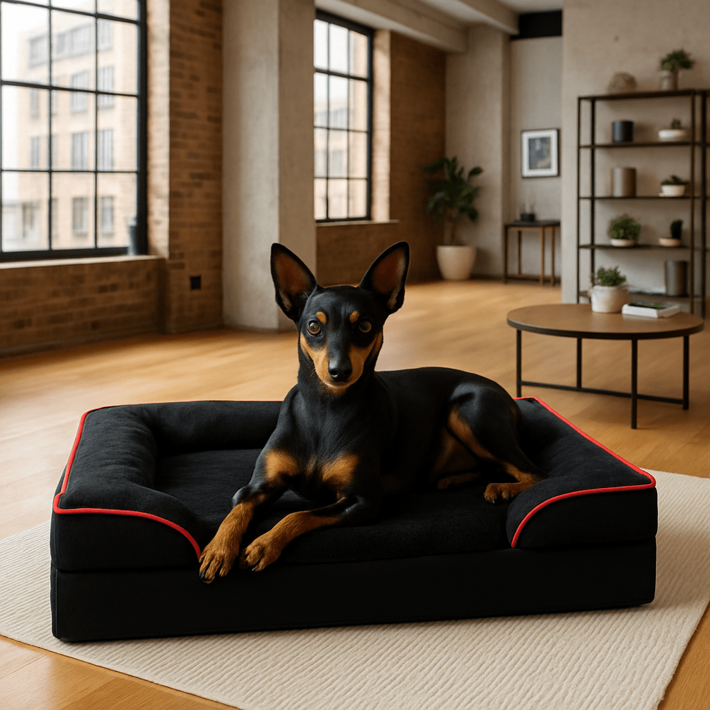 Panier-petit-chien-chiot-orthopédique-déhoussable-lavable en machine-résistant aux griffes-en velours avec matelas à mémoire de forme et traversin ergonomique intégré en coton PP et avant abaissé pour une entrée facile-pour petit chien et chiot de 0 à 10 kg max-de couleur noir-housse ultra-douce-un chien nain couché confortablement dans son panier design dans un loft moderne