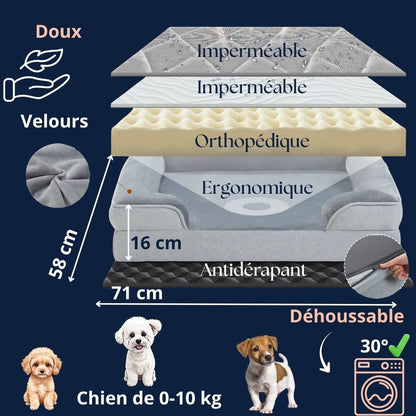 Panier-petit-chien-chiot-orthopédique-déhoussable-lavable en machine-résistant aux griffes-en velours avec matelas à mémoire de forme et traversin ergonomique intégré en coton PP et avant abaissé pour une entrée facile-pour petit chien et chiot de 0 à 10 kg max-caractéristiques et dimensions détaillées