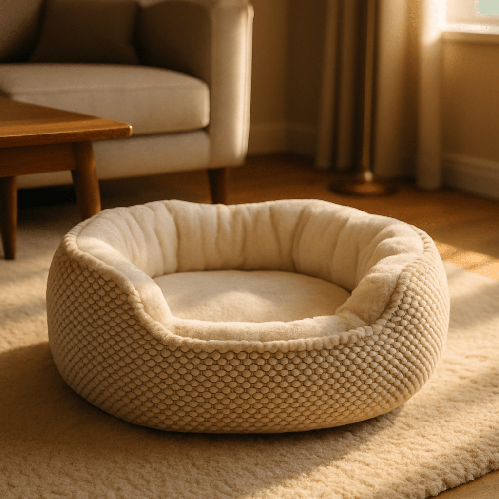 Panier-petit-chien-orthopédique-lit rond- doux comme un coussin anti-stress-coton-haute-densité-matelas à mémoire de forme haute densité-lavable en machine-résistant aux griffes-rebord surélevé entourant 360° ergonomique avec entrée abaissée pour entrée et sorties faciles pour chiot et chien de petite taille de 0 à 9 kg-de couleur beige