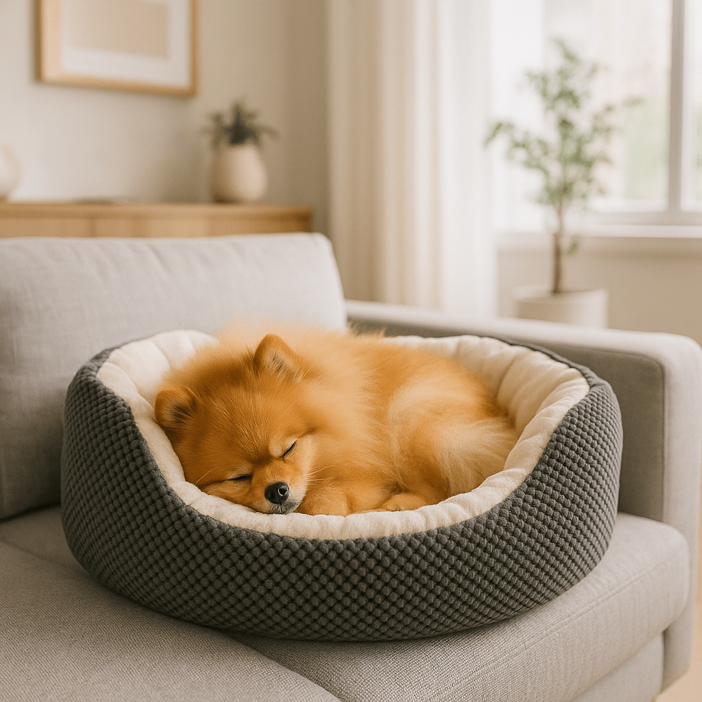 Panier-petit-chien-orthopédique-lit rond- doux comme un coussin anti-stress-coton-haute-densité-matelas à mémoire de forme haute densité-lavable en machine-résistant aux griffes-rebord surélevé entourant 360° ergonomique avec entrée abaissée pour entrée et sorties faciles pour chiot et chien de petite taille de 0 à 9 kg-un petit chien qui dort paisiblement en boule dans le lit chaud et rond avec extérieur en maille serrée esthétique et design de couleur gris sur le canapé du le salon de l'appartement