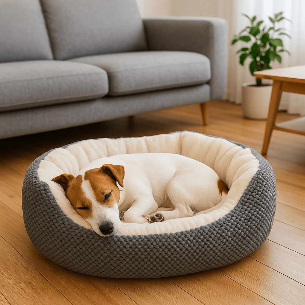Panier-petit-chien-orthopédique-lit rond- doux comme un coussin anti-stress-coton-haute-densité-matelas à mémoire de forme haute densité-lavable en machine-résistant aux griffes-rebord surélevé entourant 360° ergonomique avec entrée abaissée pour entrée et sorties faciles pour chiot et chien de petite taille de 0 à 9 kg-un petit chien qui dort paisiblement en boule dans le lit chaud et rond avec extérieur en maille serrée esthétique et design de couleur gris dans le salon de l'appartement