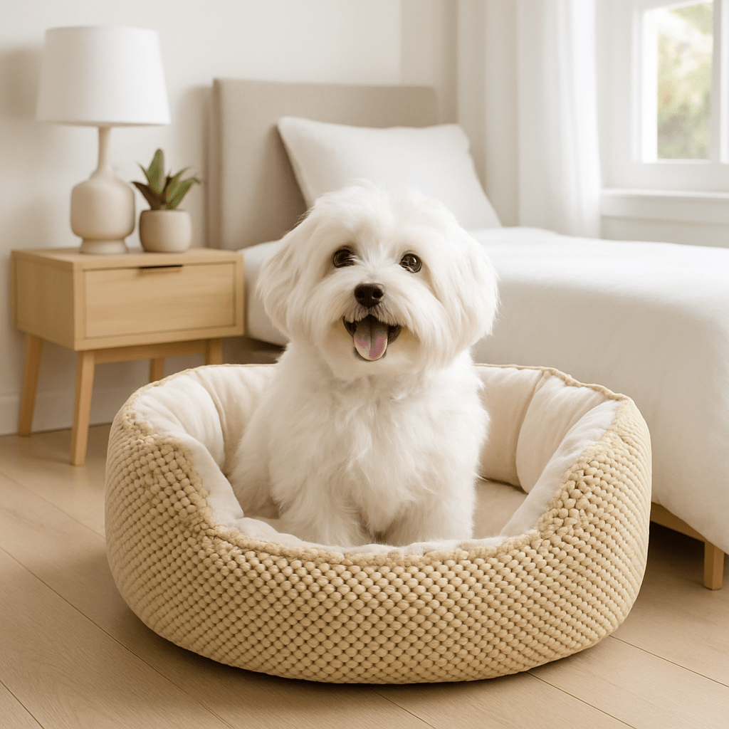 Panier-petit-chien-orthopédique-lit rond- doux comme un coussin anti-stress-coton-haute-densité-matelas à mémoire de forme haute densité-lavable en machine-résistant aux griffes-rebord surélevé entourant 360° ergonomique avec entrée abaissée pour entrée et sorties faciles pour chiot et chien de petite taille de 0 à 9 kg-un petit chien blanc assis confortablement dans le lit chaud et rond avec extérieur en maille serrée esthétique et design de couleur gris dans la chambre de la maison