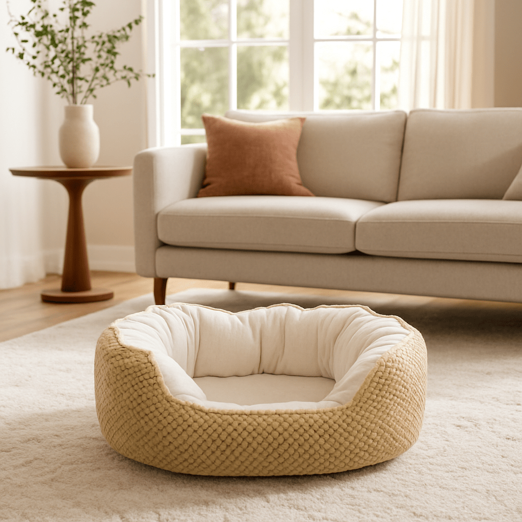 Panier-petit-chien-orthopédique-lit rond- doux comme un coussin anti-stress-coton-haute-densité-matelas à mémoire de forme haute densité-lavable en machine-résistant aux griffes-rebord surélevé entourant 360° ergonomique avec entrée abaissée pour entrée et sorties faciles pour chiot et chien de petite taille de 0 à 9 kg-de couleur beige