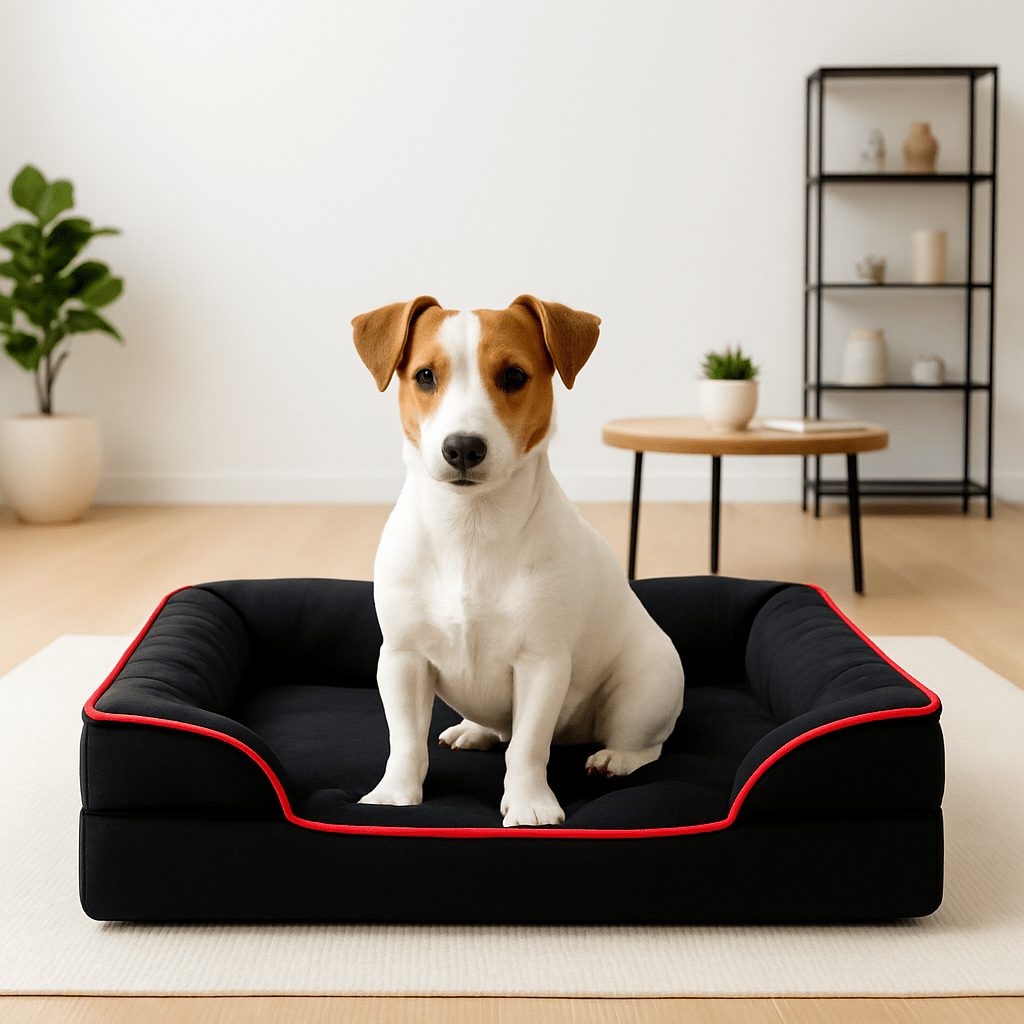 Panier-petit-chien-chiot-orthopédique-déhoussable-lavable en machine-résistant aux griffes-en velours avec matelas à mémoire de forme et traversin ergonomique intégré en coton PP et avant abaissé pour une entrée facile-pour petit chien et chiot de 0 à 10 kg max-de couleur noir-housse ultra-douce-un Jack Russell assis confortablement dans son panier design dans le salon de l'appartement