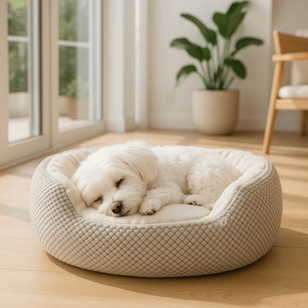 Panier-petit-chien-orthopédique-lit rond- doux comme un coussin anti-stress-coton-haute-densité-matelas à mémoire de forme haute densité-lavable en machine-résistant aux griffes-rebord surélevé entourant 360° ergonomique avec entrée abaissée pour entrée et sorties faciles pour chiot et chien de petite taille de 0 à 9 kg-un chiot qui dort paisiblement en boule dans le lit chaud et rond avec extérieur en maille serrée esthétique et design de couleur gris clair dans le salon de la maison