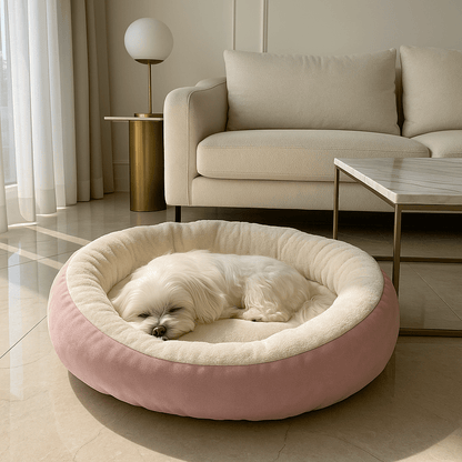 Panier-pour-chien-lavable en machine-anti-stress-rembourrage 100% coton haute densité-avec rebord entourant-antidérapant-douillet chaud et sécurisant pour petit à chien de moyenne taille-moelleux-chaud-en-peluche-résistant aux griffes-un petit chien qui dort paisiblement sur le ventre contre l'arrondi rembourré en coton dans son lit ovale de couleur rose dans le salon de l'appartement