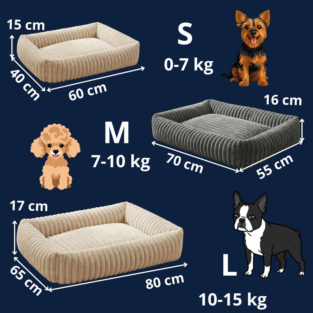 Panier-pour-chien-chiot-confort-velours, ergonomique avec son rembourrage 100% coton haute densité à mémoire de forme, lit chaud et apaisant, anti stress et anxiété avec son rebord surélevé sur 360° de forme rectangulaire, antidérapant et fond imperméable, lavable en machine-gguide des tailles disponible en S, M et L pour chiot, chien de 0 à 15 kilos avec correspondance des poids et race de chien en photos et illustrations détaillées