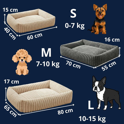Panier-pour-chien-chiot-confort-velours, ergonomique avec son rembourrage 100% coton haute densité à mémoire de forme, lit chaud et apaisant, anti stress et anxiété avec son rebord surélevé sur 360° de forme rectangulaire, antidérapant et fond imperméable, lavable en machine-gguide des tailles disponible en S, M et L pour chiot, chien de 0 à 15 kilos avec correspondance des poids et race de chien en photos et illustrations détaillées