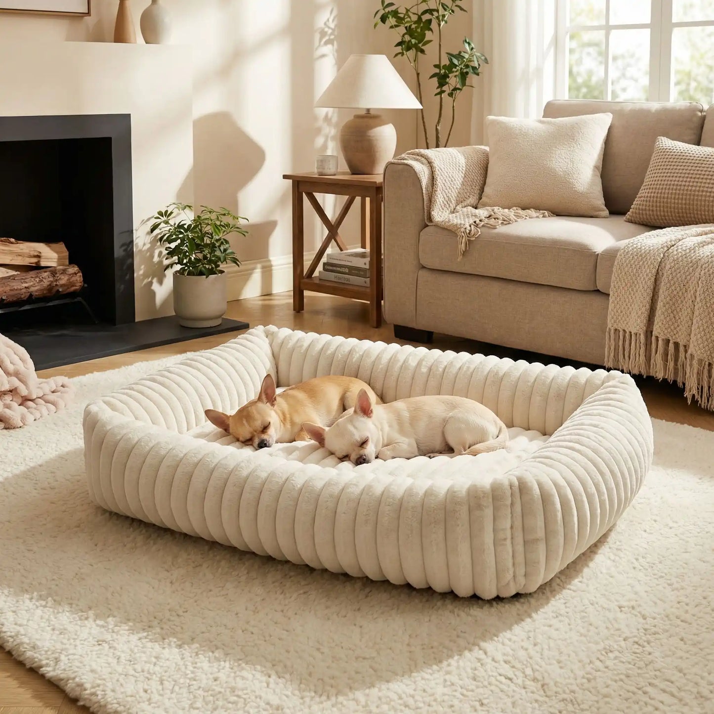 Panier-pour-chien-chiot-confort-velours, ergonomique avec son rembourrage 100% coton haute densité à mémoire de forme, lit chaud et apaisant, anti stress et anxiété avec son rebord surélevé sur 360° de forme rectangulaire, antidérapant et fond imperméable, lavable en machine-deux chien de race Toy qui dorment paisiblement côte à côte dans le panier design rembourré et épais en velours de couleur crème, dans le salon cosy de la maison