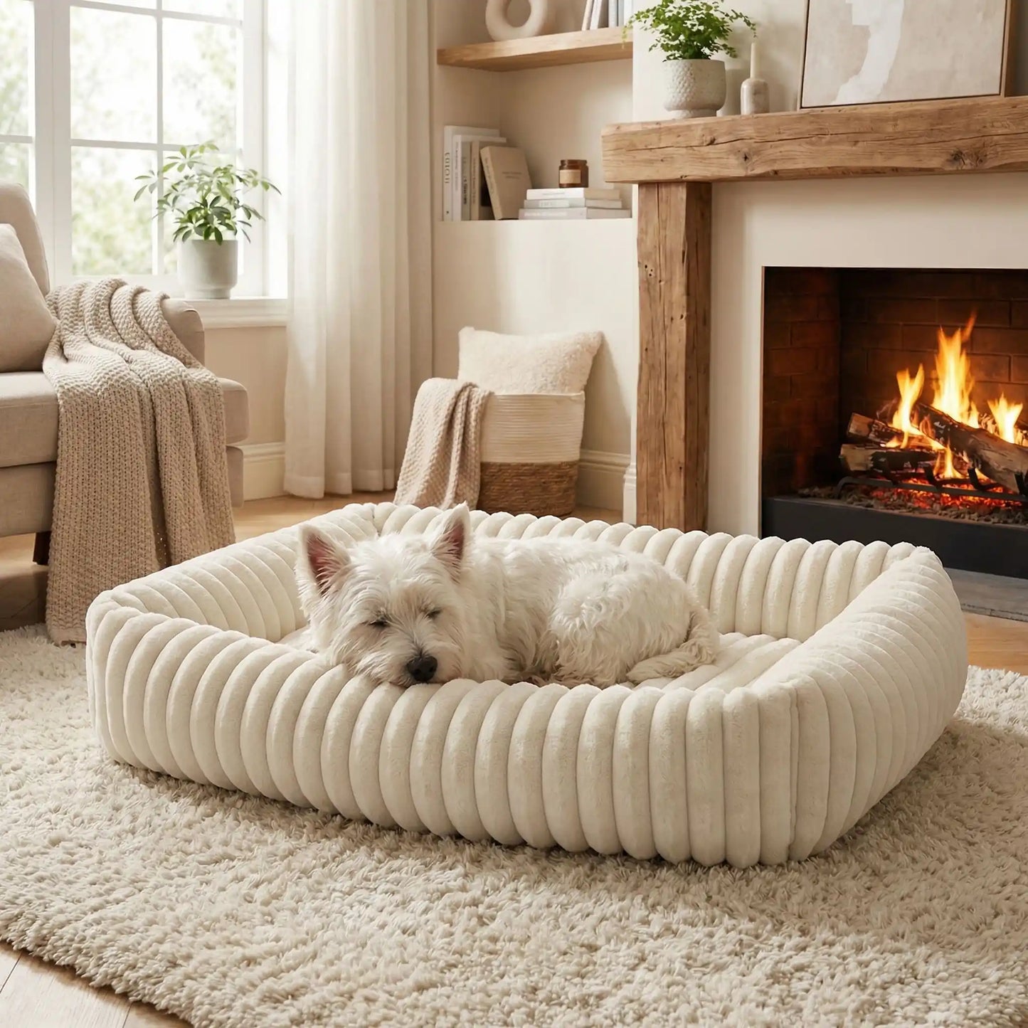 Panier-pour-chien-chiot-confort-velours, ergonomique avec son rembourrage 100% coton haute densité à mémoire de forme, lit chaud et apaisant, anti stress et anxiété avec son rebord surélevé sur 360° de forme rectangulaire, antidérapant et fond imperméable, lavable en machine-un petit chien blanc qui dort paisiblement en boule dans le coussin rembourré et épais en velours de couleur crème, sa tête posée sur le rebord surélevé su panier dans le salon cosy de la maison en hiver