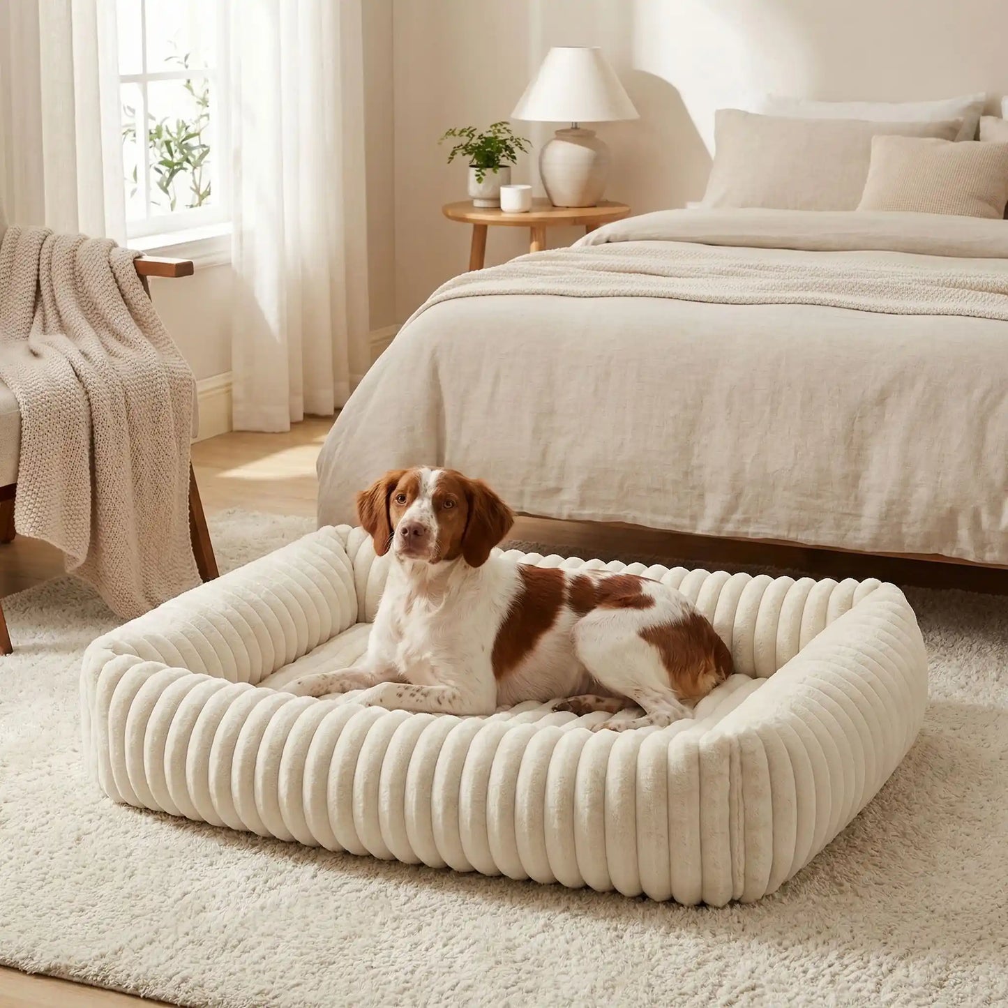 Panier-pour-chien-chiot-confort-velours, ergonomique avec son rembourrage 100% coton haute densité à mémoire de forme, lit chaud et apaisant, anti stress et anxiété avec son rebord surélevé sur 360° de forme rectangulaire, antidérapant et fond imperméable, lavable en machine-un chien de taille moyenne couché confortablement dans son panier rectangulaire de couleur blanc au design cosy en velours ultra-doux dans la chambre de la maison à côté du lit de son maitre