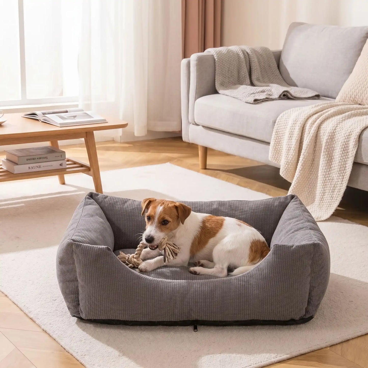 Panier- pour chien chiot entièrement déhoussable et lavable en machine, et 5 coussins ergonomiques 100% coton haute résilience à mémoire de forme, imperméable et antidérapant, avec rebords surélevés et housse  imperméable résistante aux griffes, intérieur en fausse fourrure de mouton hypoallergénique et ultra-doux, disponible en 3 tailles S, M et L pour chiot et chien de 0 à 60 kilos max-un chien de petite race confortablement couché avec son jouet en corde dans son panier gris lavable dans le salon